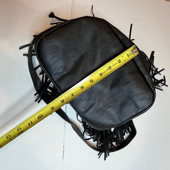H&M Black Leather Fringe Bucket Bag Handbag Crossbody Boho Carry-All Drawstring - Picture 11 of 12